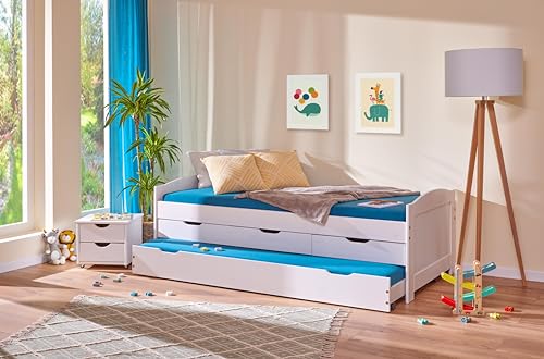 Inter Link - Funktionsbett - Kinderbett - Einzelbett mit Stauraum - Bett mit Schubladen - 2 Liegeflächen 90x200cm - Kiefer massivholz - inkl. Lattenrost - Weiß lackiert - Ulli 90x200cm