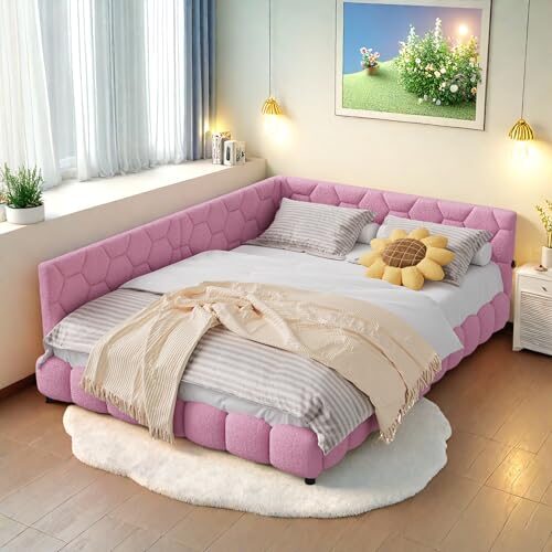 JYNVO Polsterbett Schlafsofa 140x200cm, mit Umgebungslicht und USB-Anschluss, Kinderbett mit Lattenrost, Funktionsbett, Jugendbett,Lammwollmaterial, Rosa
